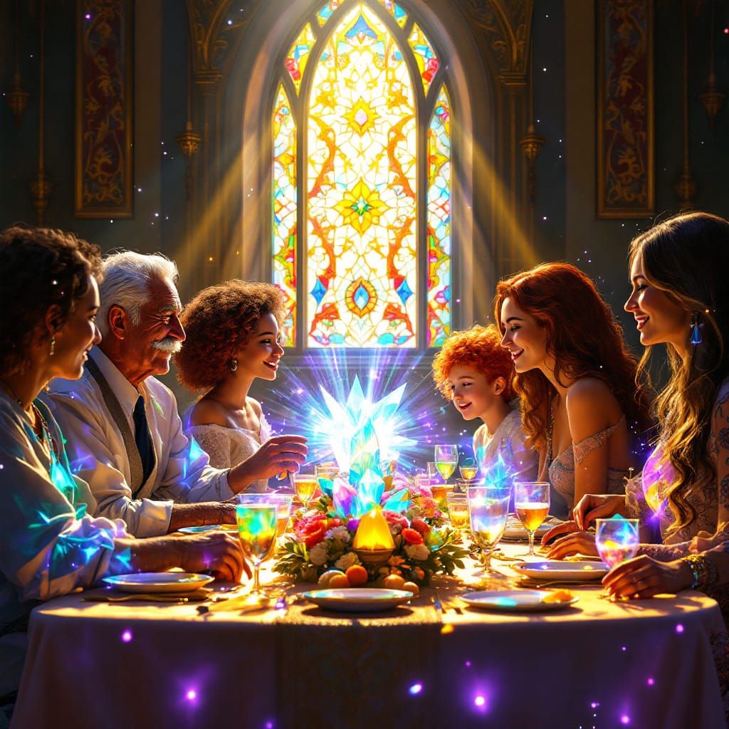 Iridescent Gathering Under Kaleidoscopic Light