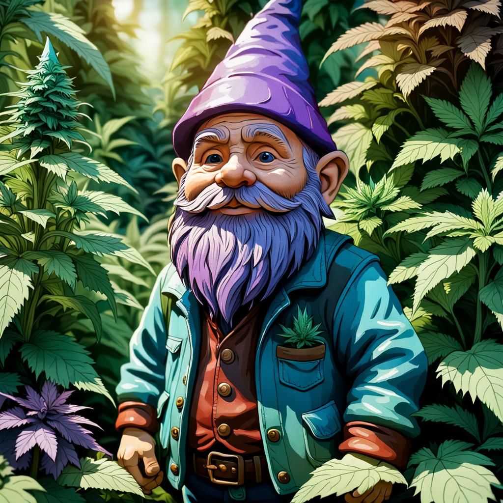 Gnome in Cannabis Garden: Hyper-Realistic 3D Art