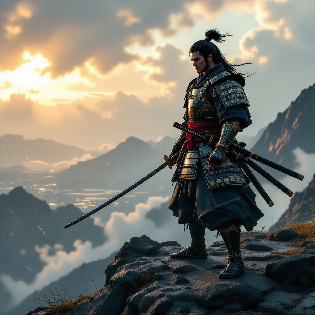 Samurai on Windswept Peak in Golden Light