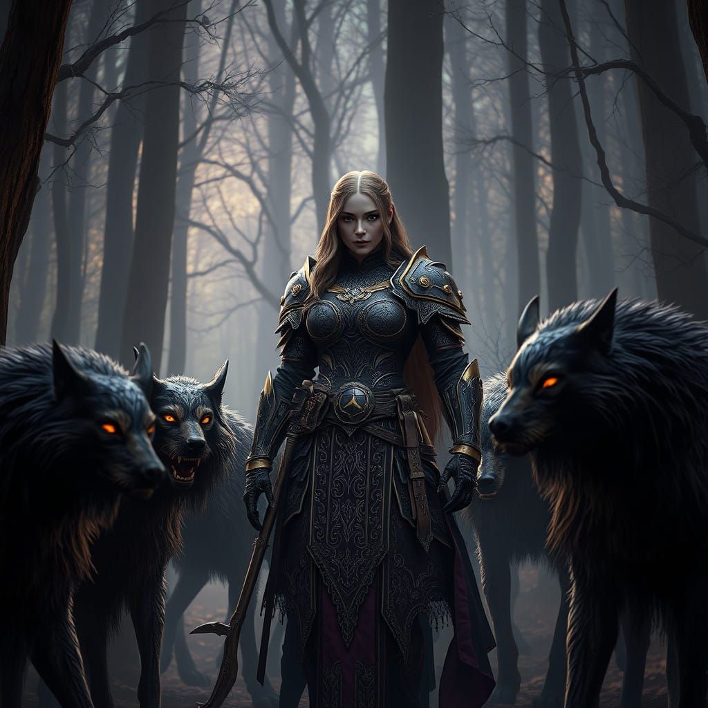 Warrior Goddess Commands Hellhounds in Dark Fantasy Realm