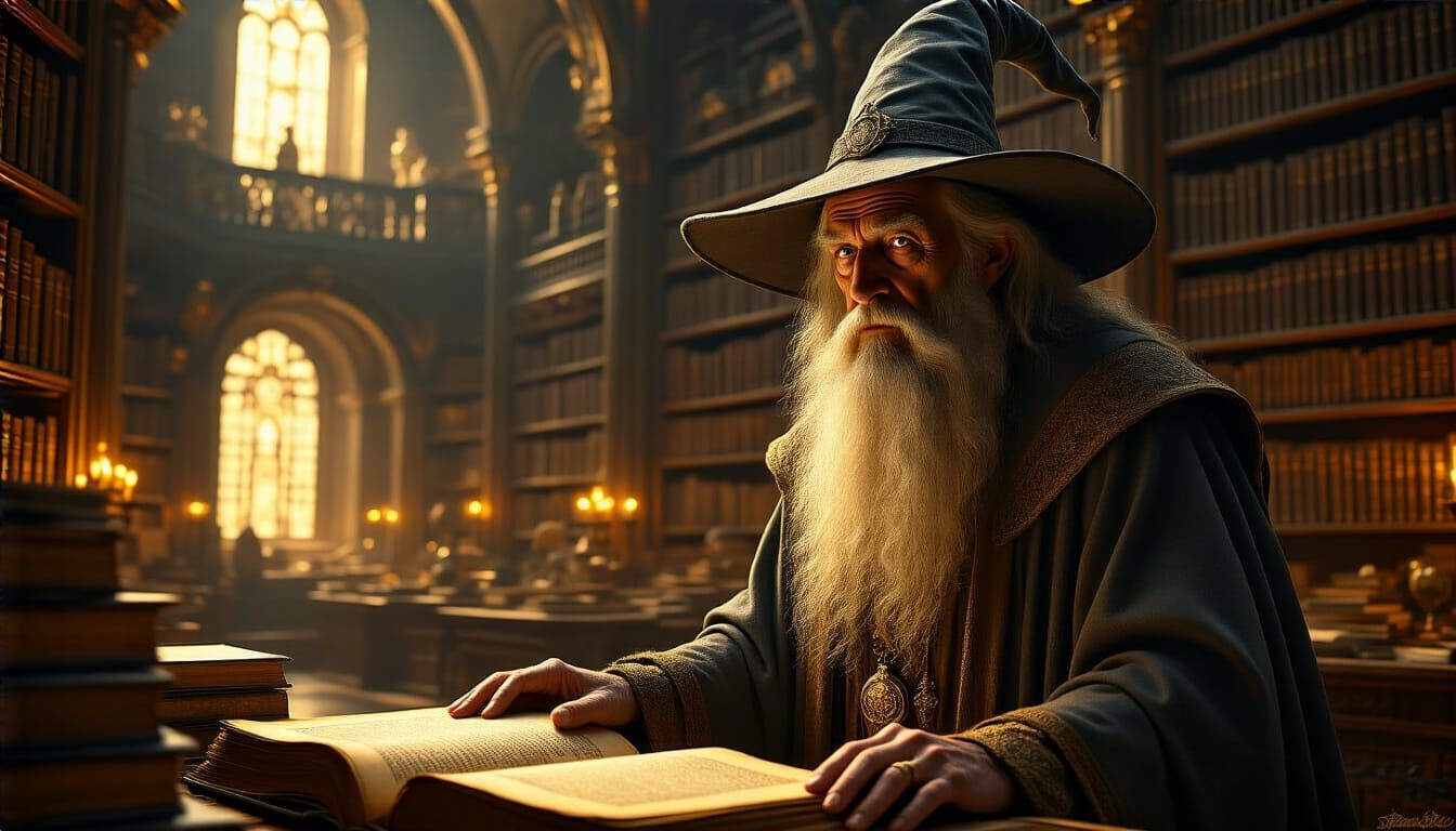 Wise Wizard in Grand Library: Baroque Style