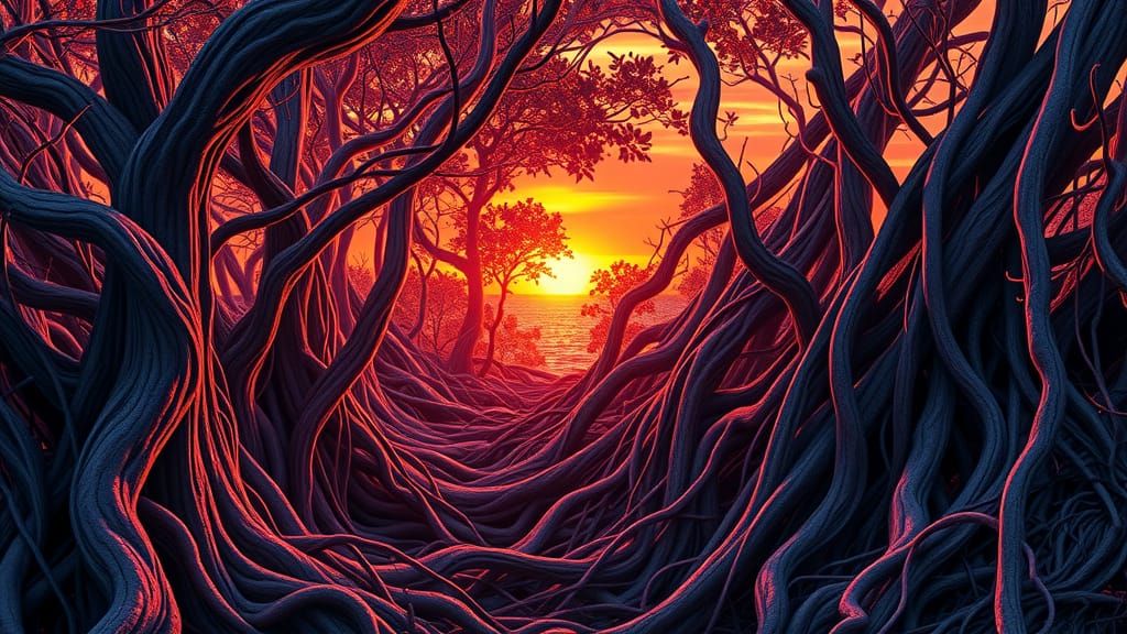 Mangrove Sunset with Abstract Fractal Zentangle Designs