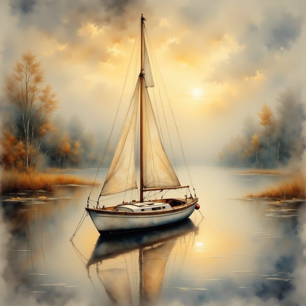 Lone Sailboat on Misty Lake at Dawn