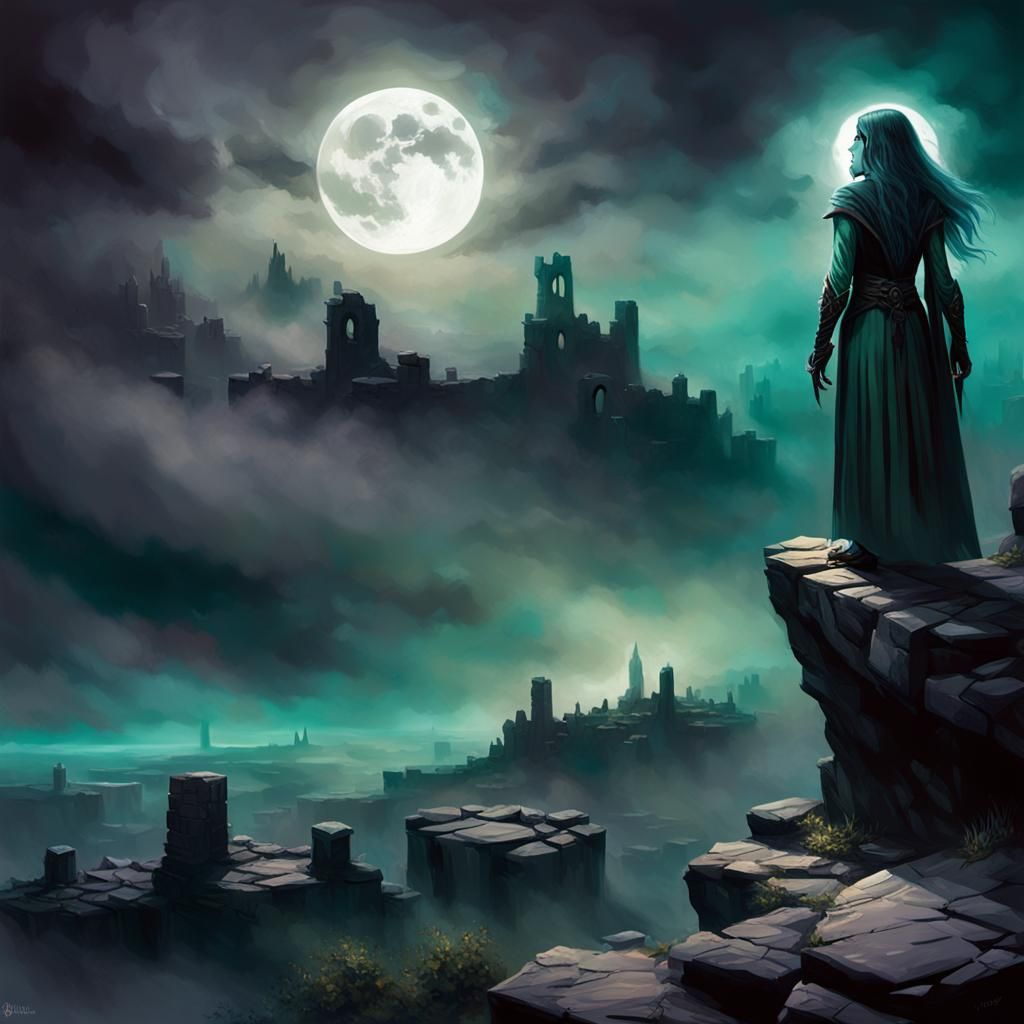 Dark Elf Sorceress Overlooks Ruined City