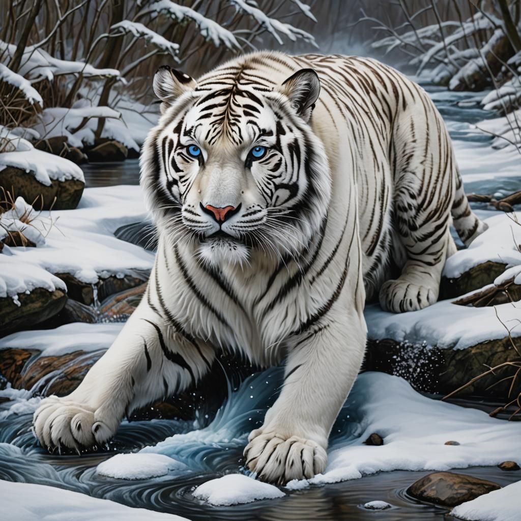 White Siberian Tiger Drinking: Photorealistic Airbrush Art