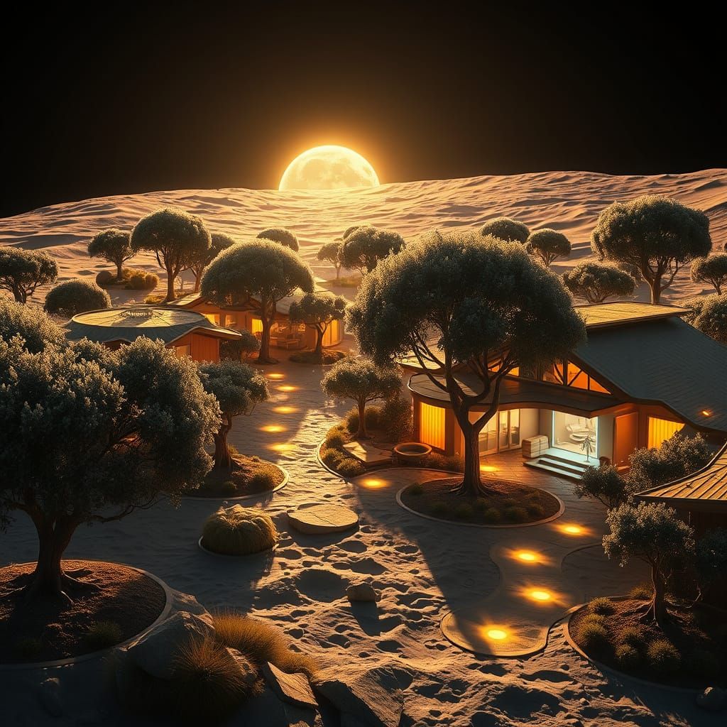 Solarpunk Lunar Neighborhood in Golden Light