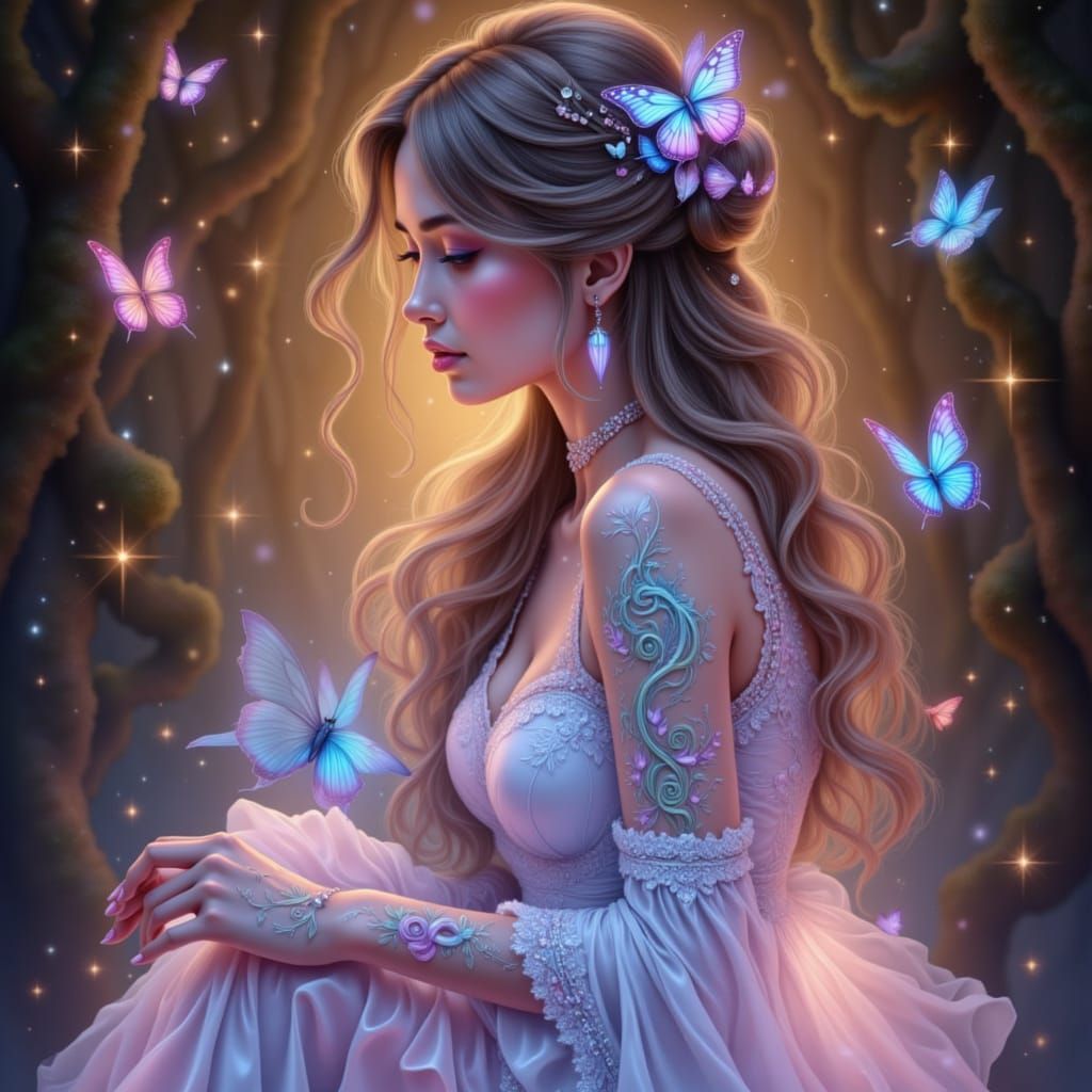 Woman with Luminous Tattoos and Butterflies