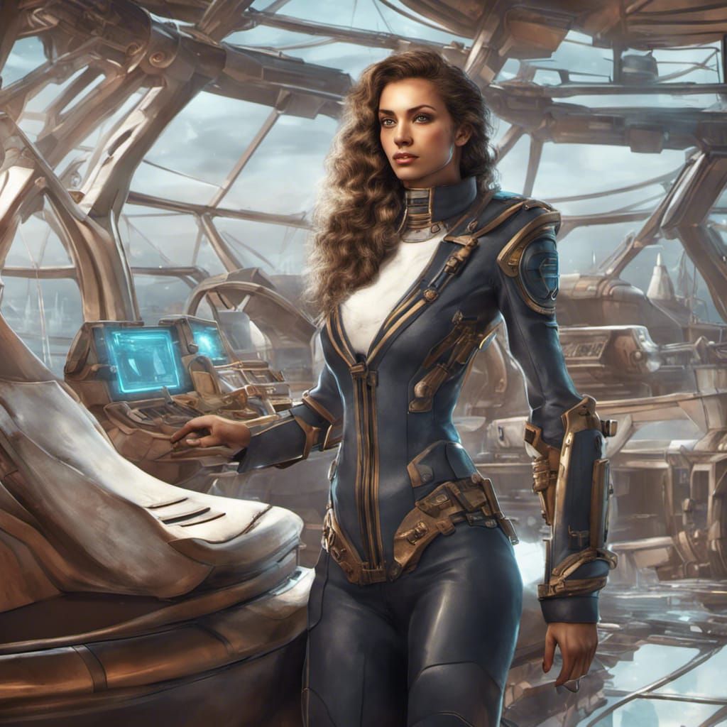 Futuristic Female Captain on Sci-Fi Sailing Ship
