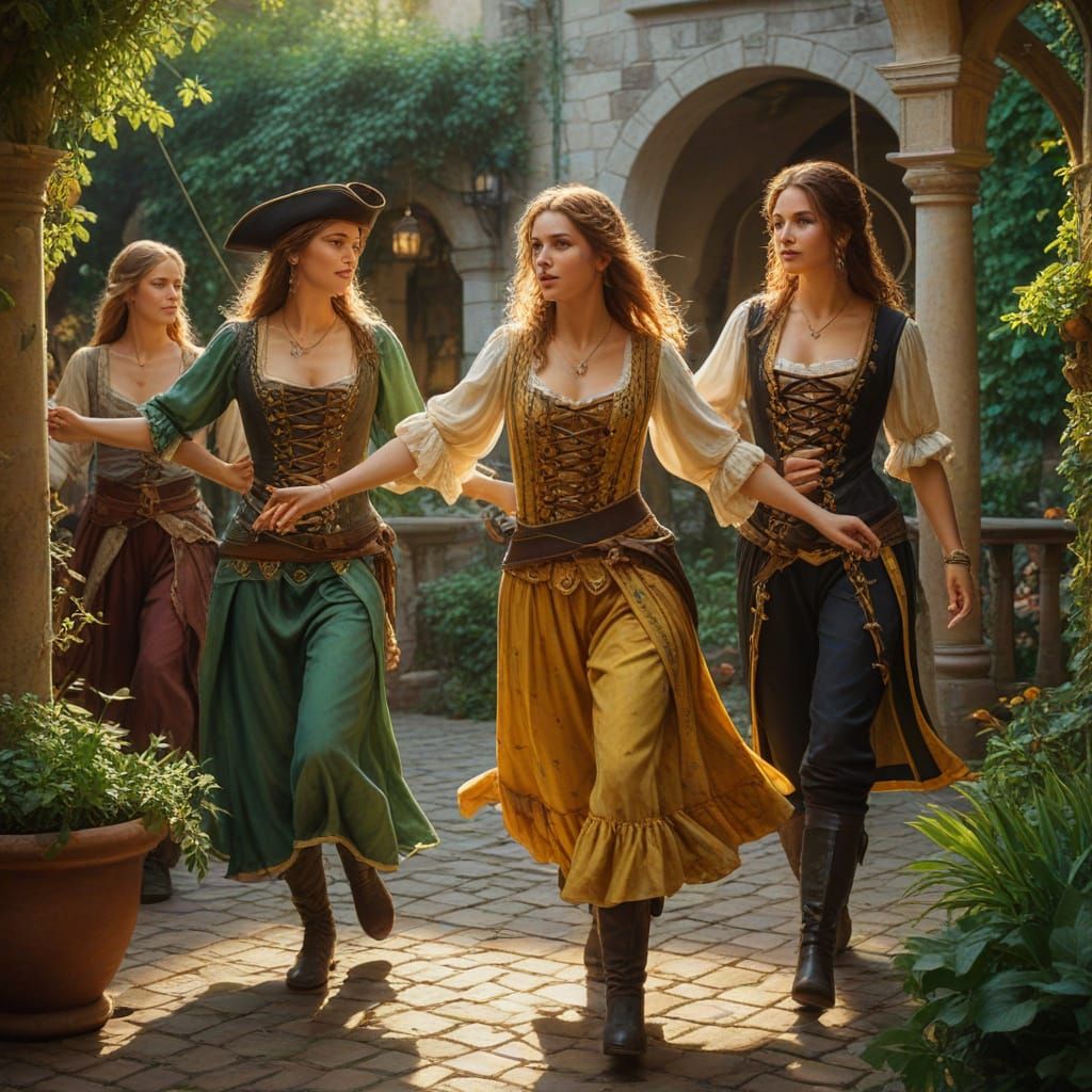 Female Pirates Dance in Medieval Garden Oil Painting