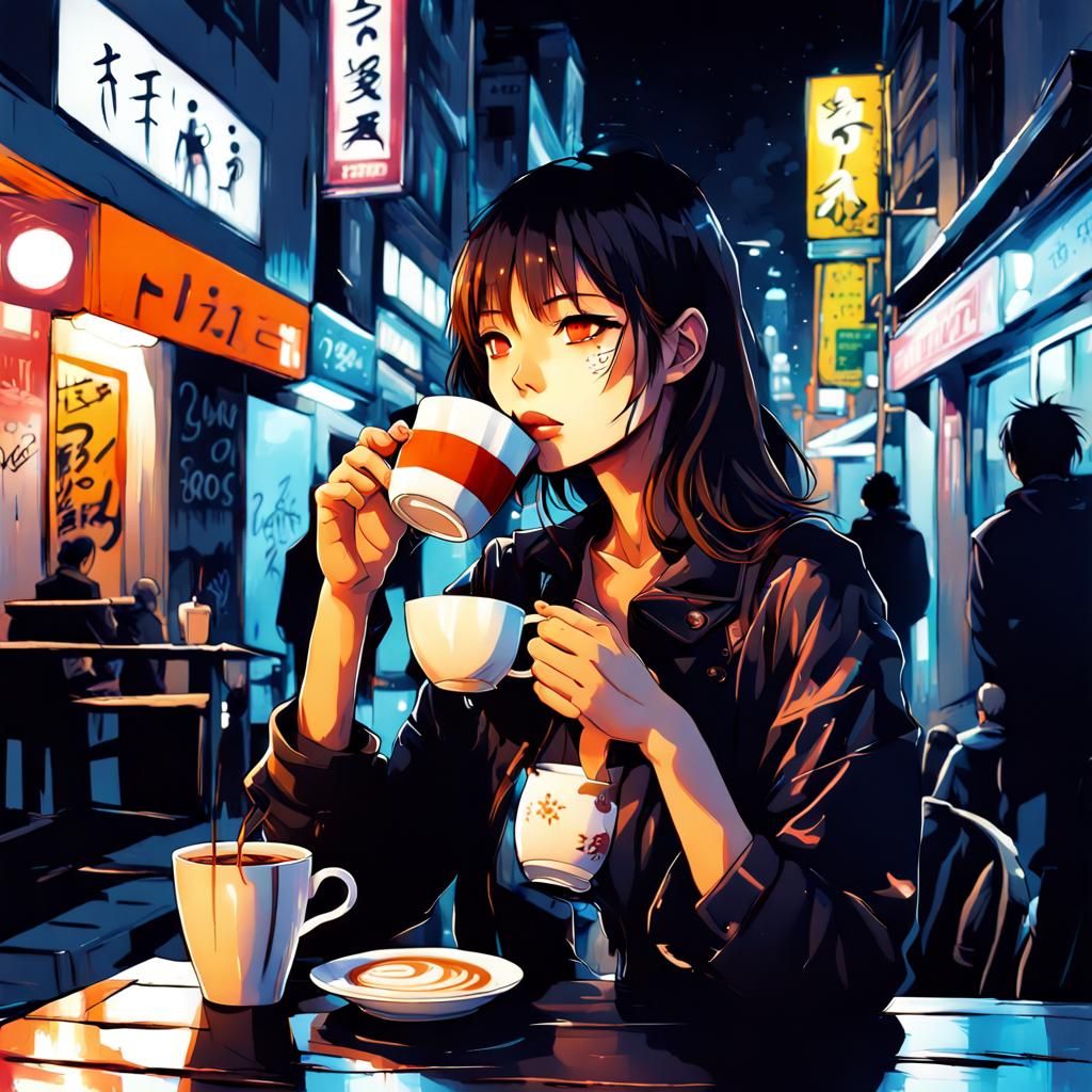 Anime Style: Woman Drinking Coffee in City at Night