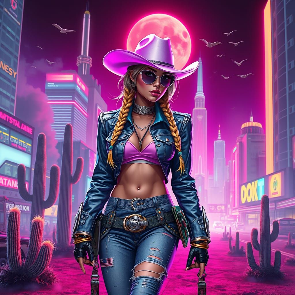 Cyborg Cowgirl Strides Through Neon Metropolis in SuperHyper...