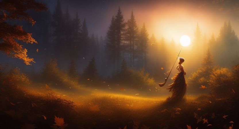 Pixie Harpist in Moonlit Maple Forest