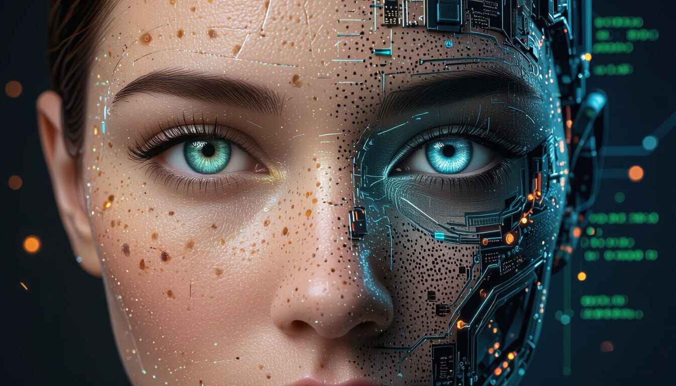 Human Face Merged with AI, Realistic Circuits and Skin