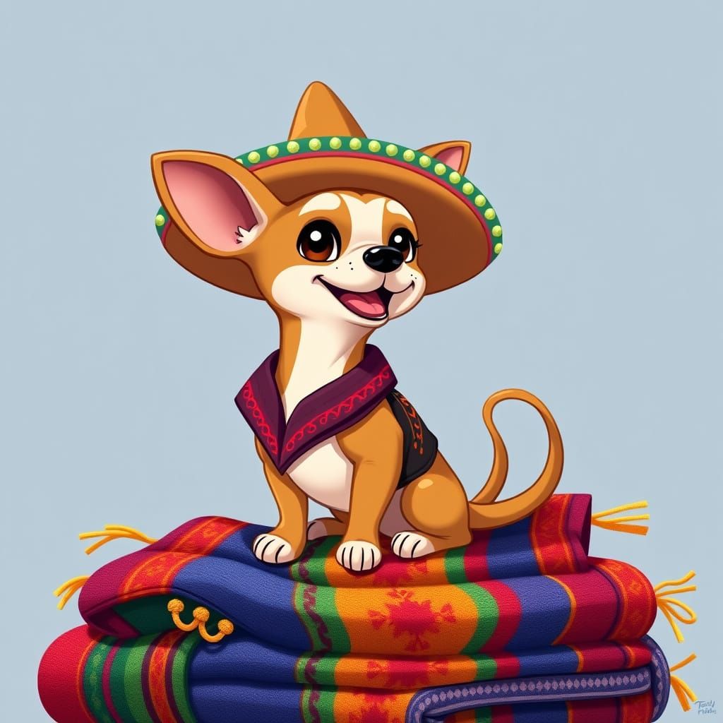 Cheerful Chihuahua in Sombrero, Cartoon Style