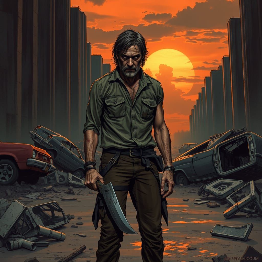 Post-Apocalyptic Survivor in Ruined City at Sunset