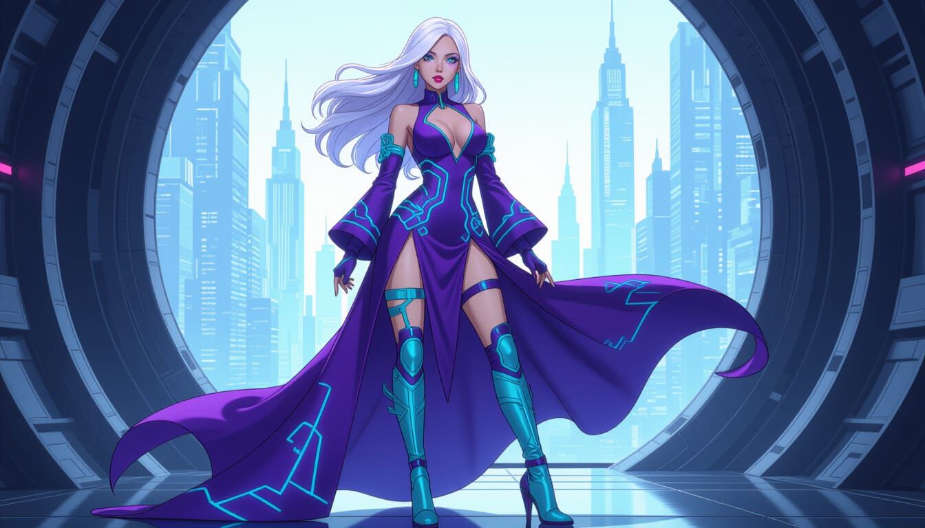 Cyberpunk Android with Neon Circuits in Semi-Anime Style