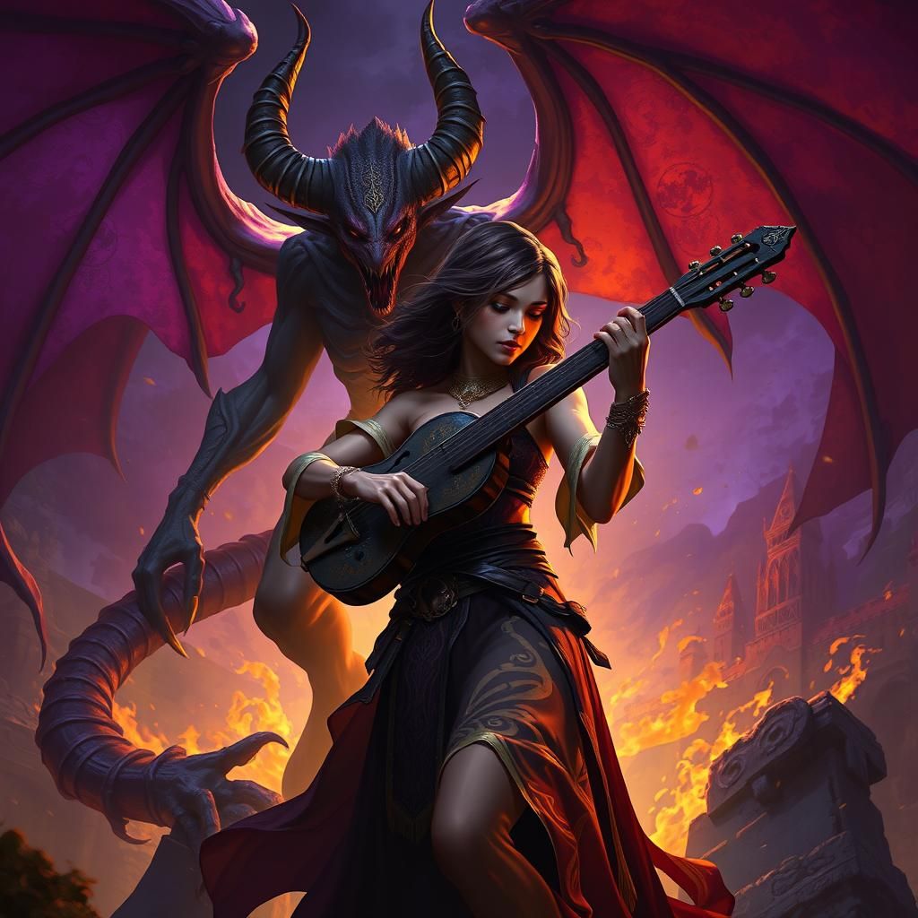 Enchanting Bard with Demon Admirer: Dark Fantasy Art