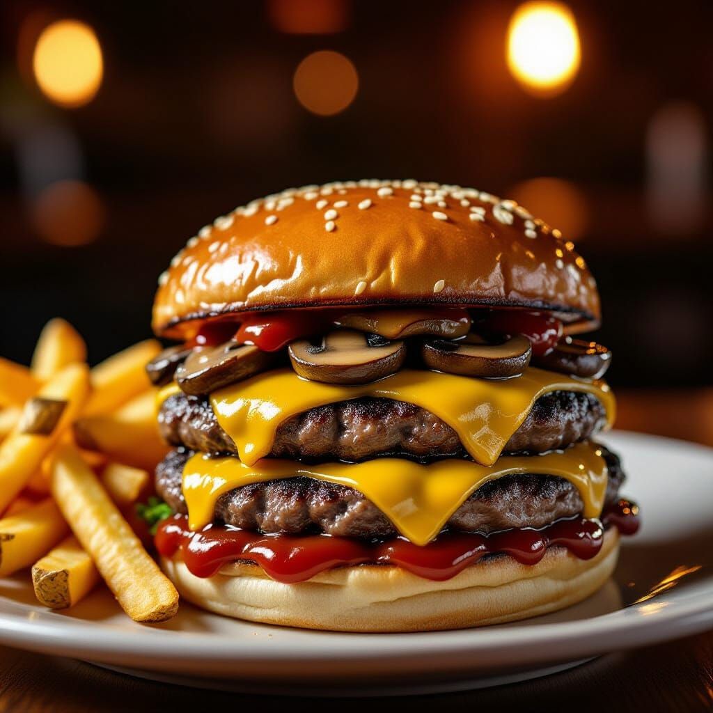 Gourmet Double Cheeseburger Still Life, Digital Art