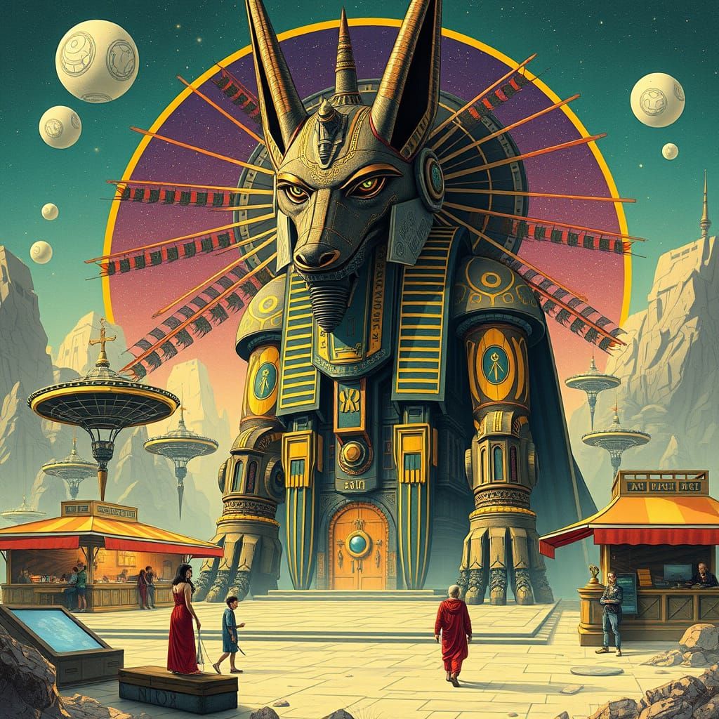 Futuristic Anubis Oversees Celestial Marketplace, Art Nouvea...