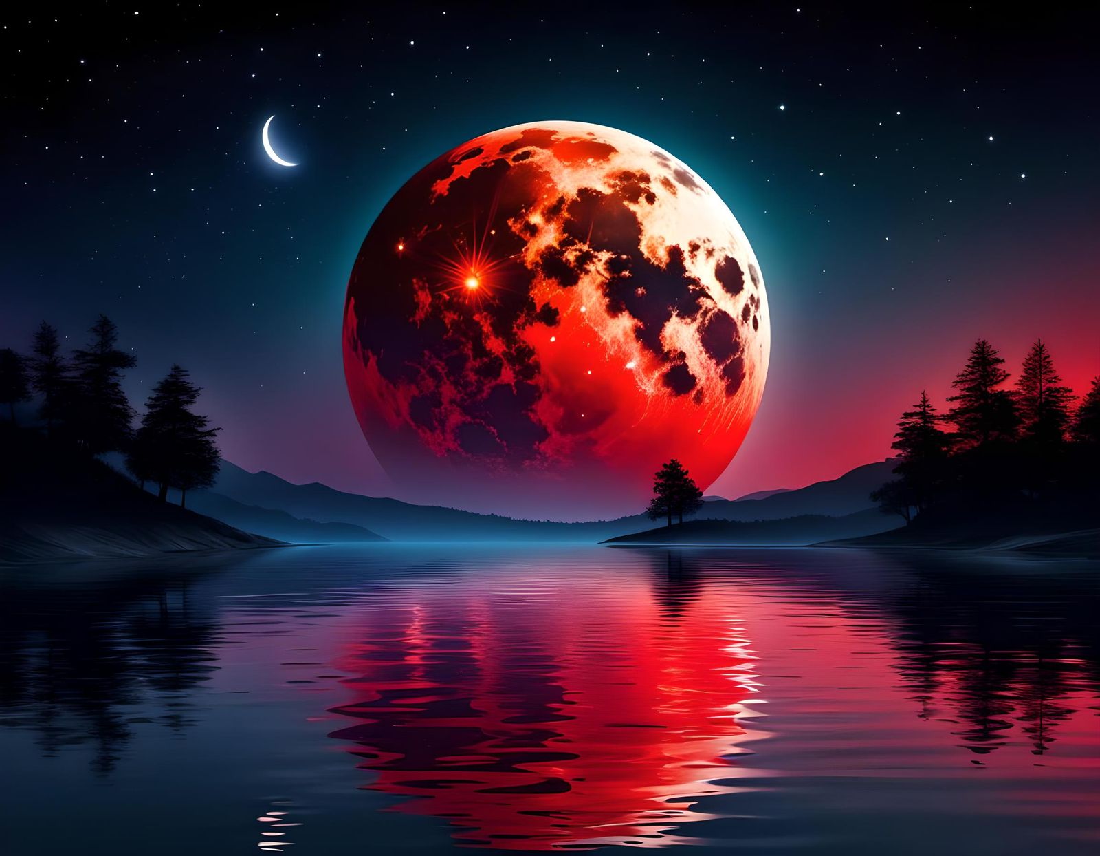 Red Moon Reflection Under a Starry Night Sky