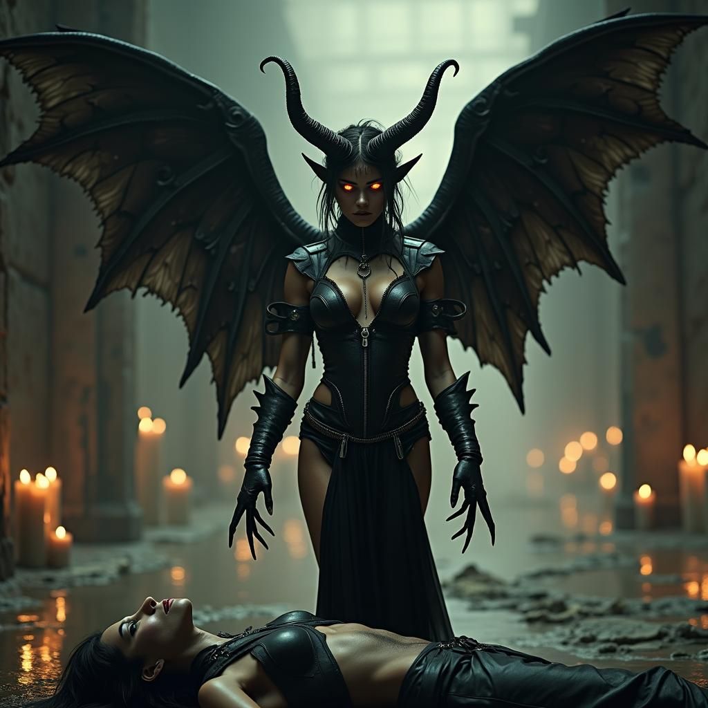 Beautiful angel demon hybrid. Wearing revealing black leathe...