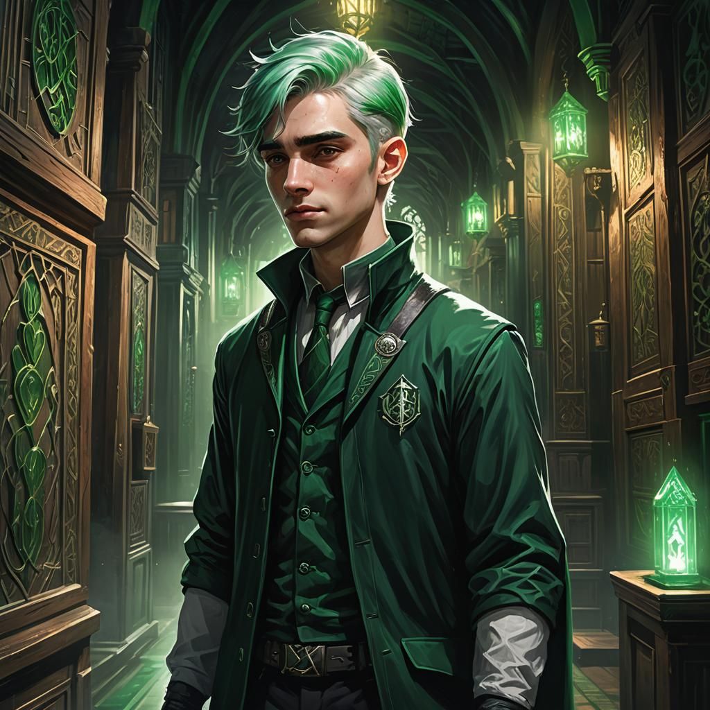 Slytherin Boy in Hogwarts Corridor: Fantasy Concept Art