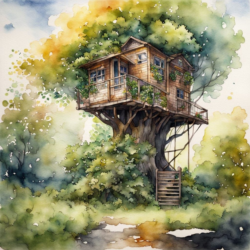 Biophilic Treehouse in Watercolor Painting Style
