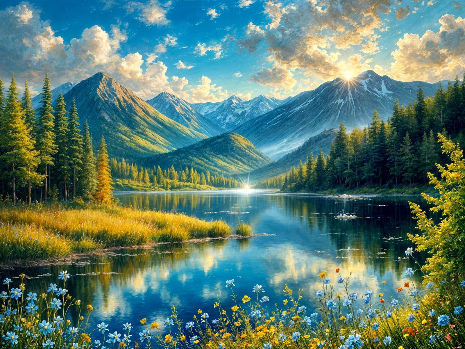 Ethereal Blue Landscape Painting with Deep Lake and Flowers