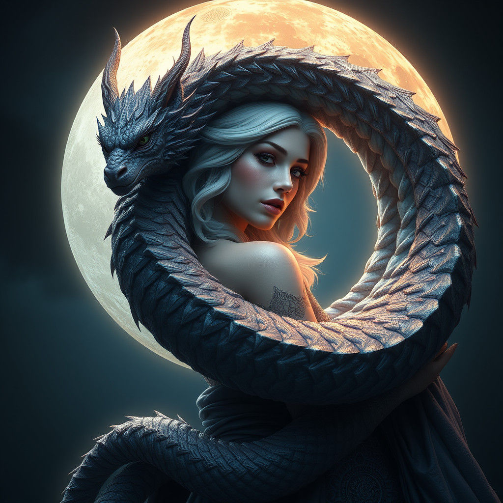 Moon Elf with Moon Dragon Art