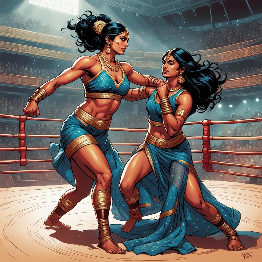 Indian Queens Wrestle in Arena: Comic Book Art