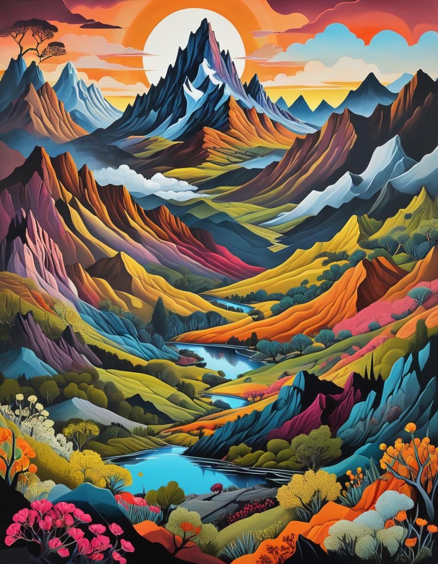 Vibrant Folk Art Collage of Alpine Landscape