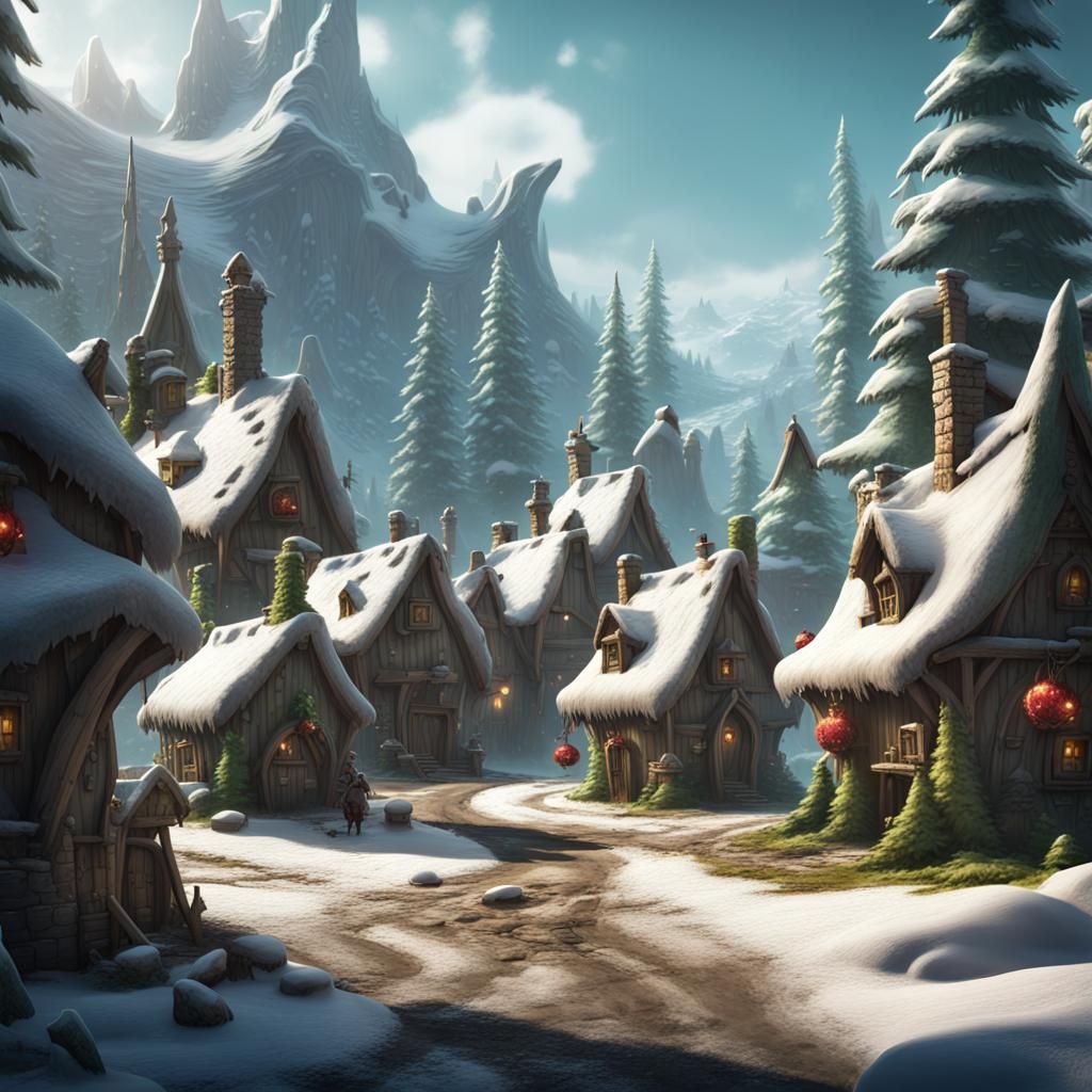 Snowy Goblin Village in Winter Landscape