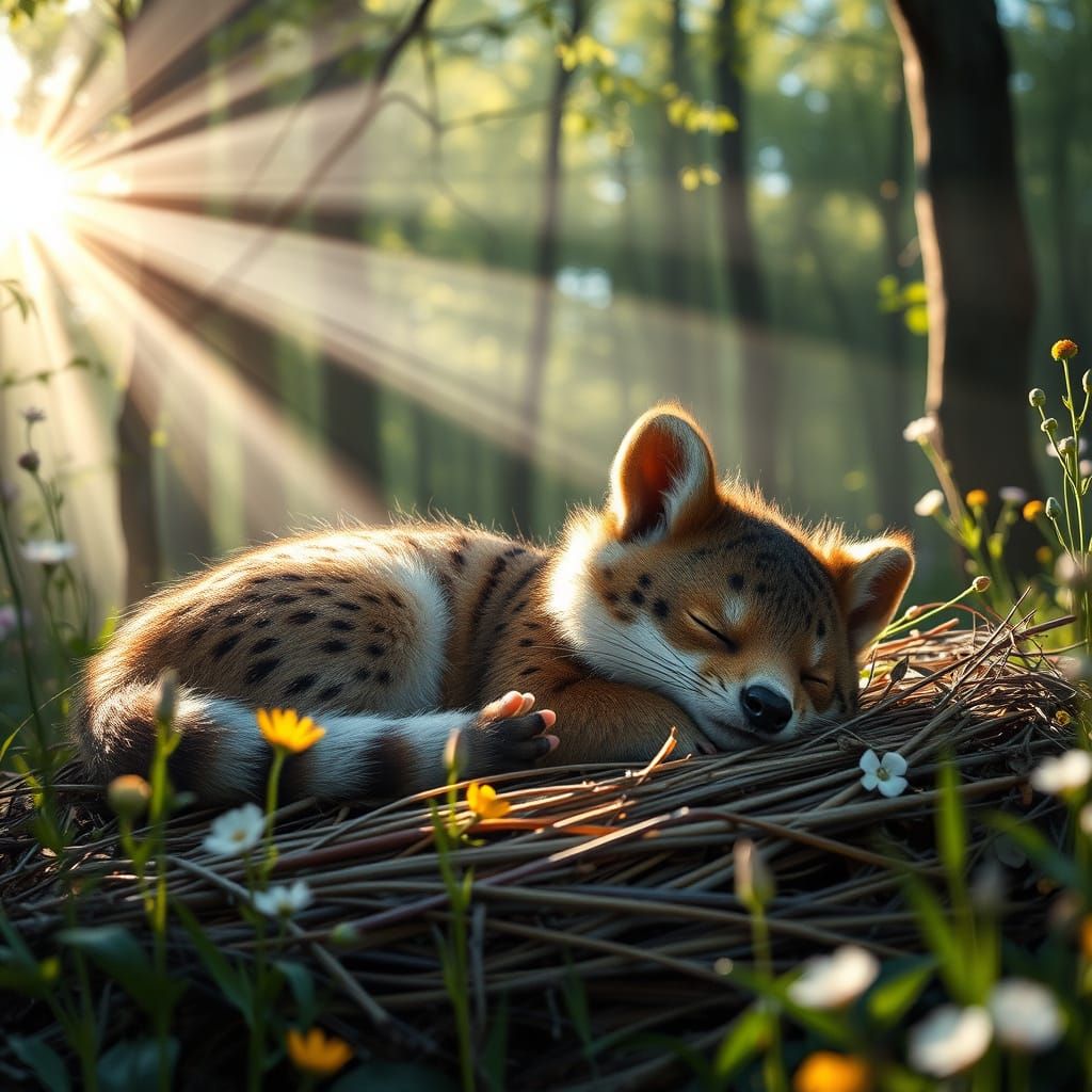 Lush Forest Clearing with Sleeping Mongoose
