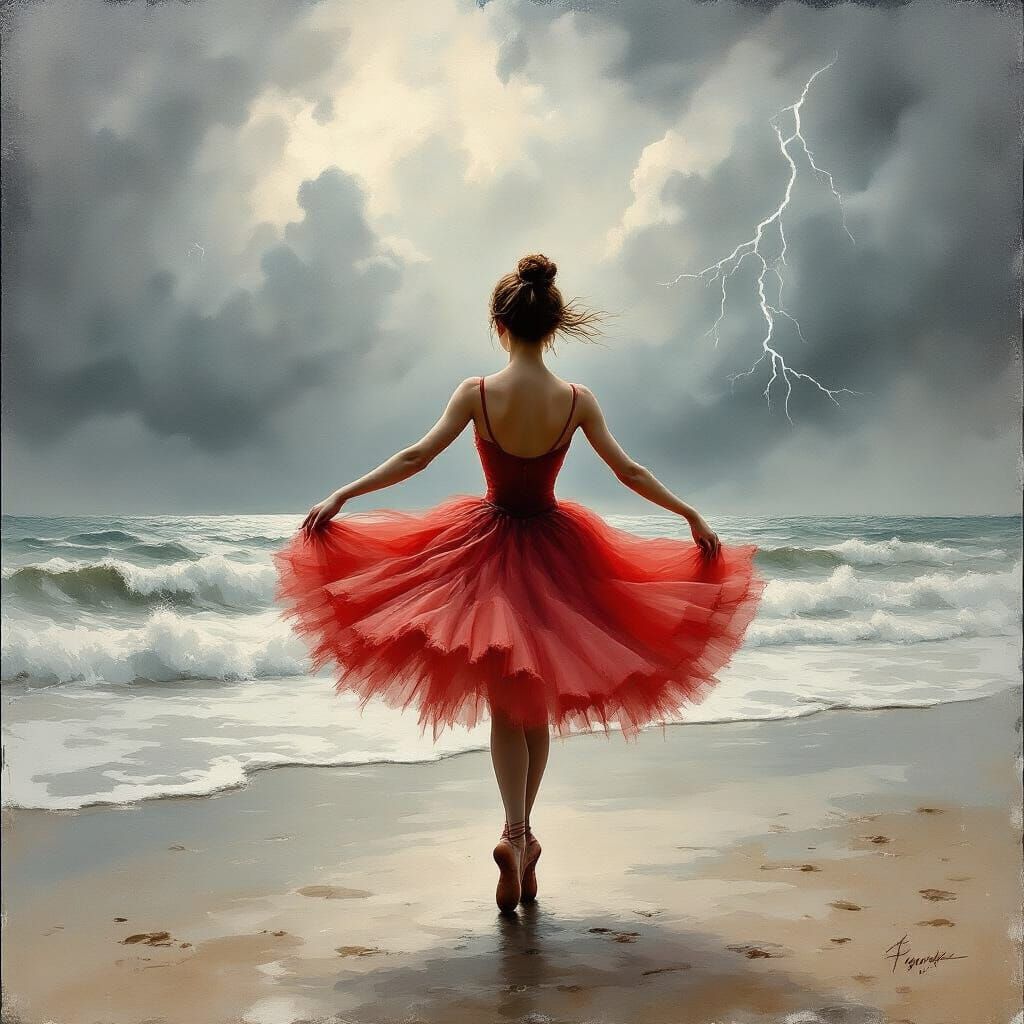 Ballerina Dances on Stormy Beach as Impasto Painting