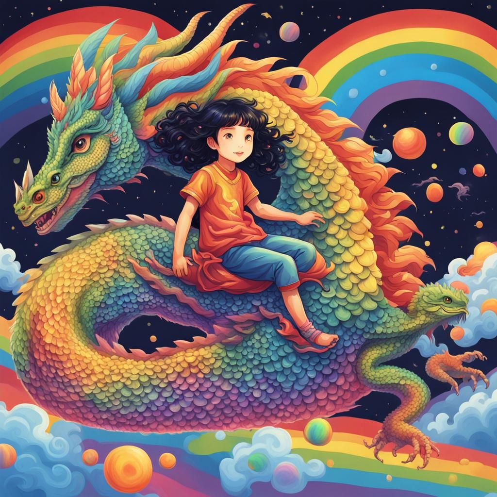 Girls Ride a Rainbow Dragon in Psychedelic Art