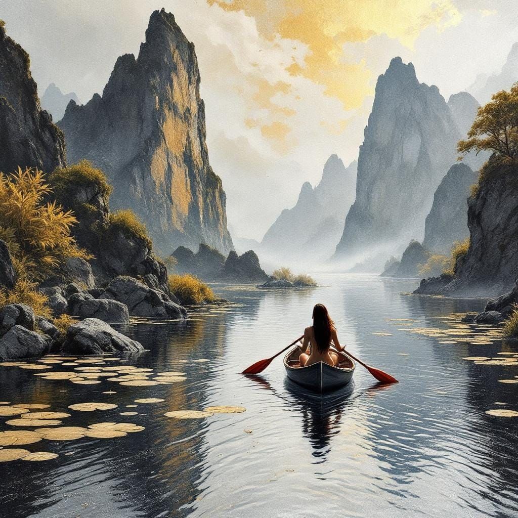 Woman Rowing Between Mountains in Gold Leaf Art