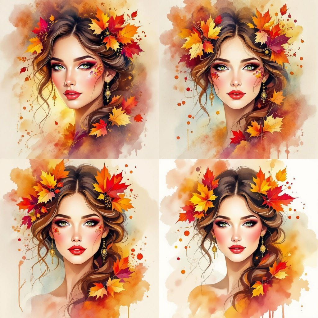 Abstract Watercolor Woman Face with Autumn Ornaments