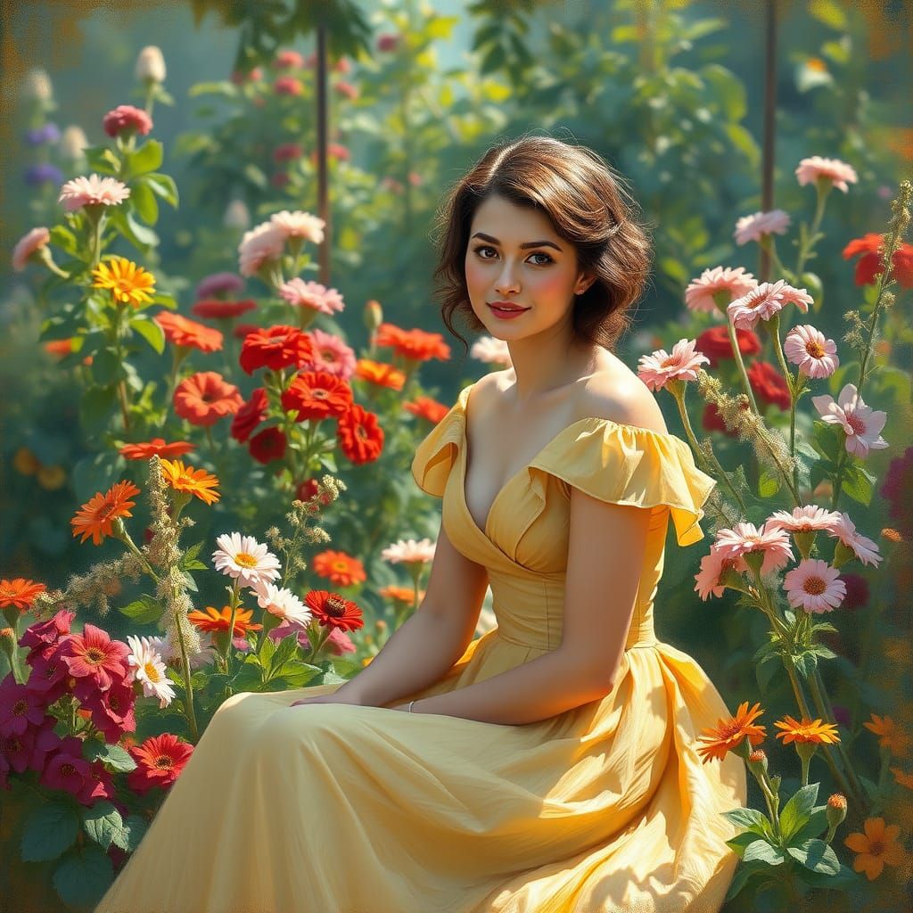 Elegant Woman in Garden, Impressionist Painting