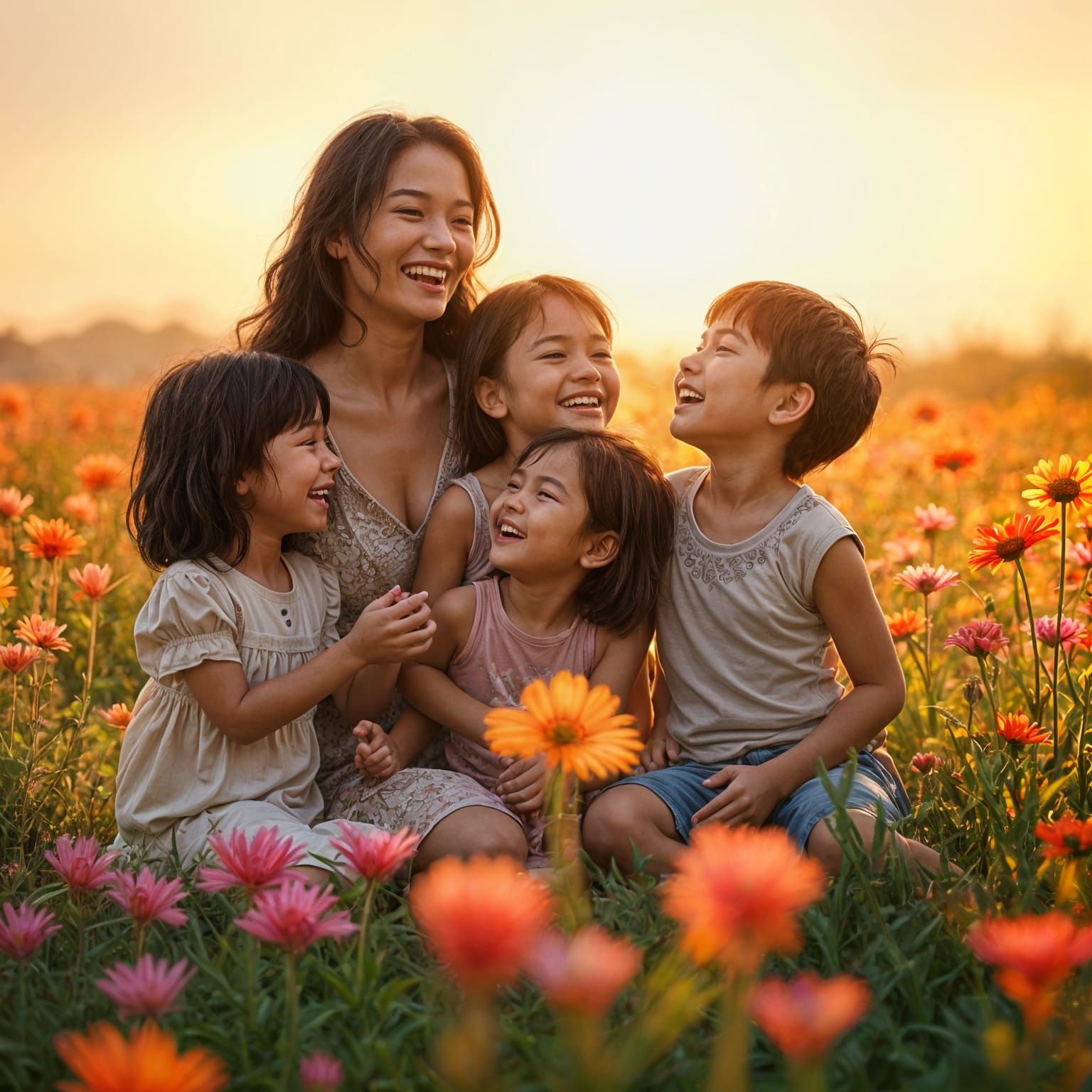 Happy Mother and Children in Flower Field