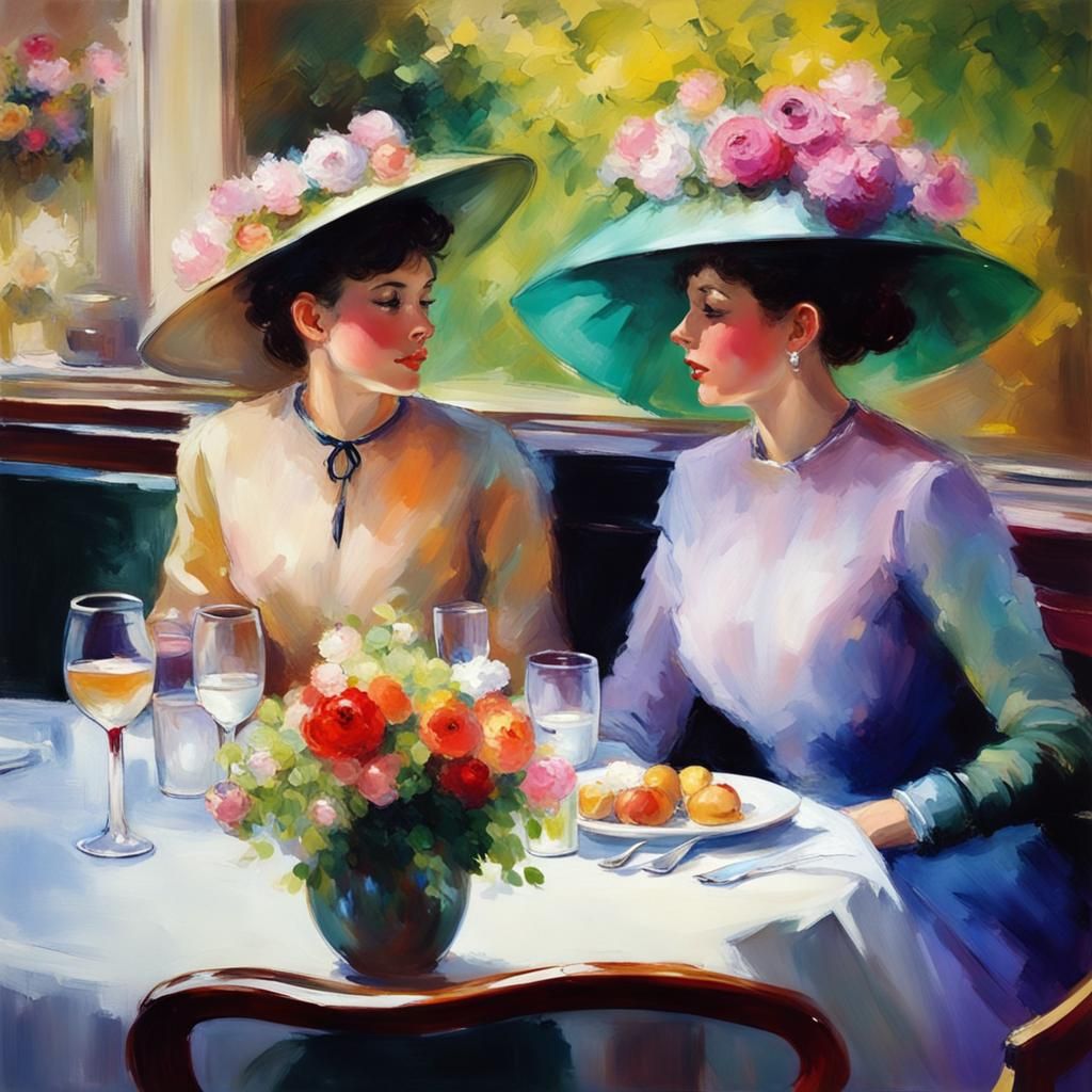 Cousins' Joyful Reunion: Impressionistic Restaurant Scene