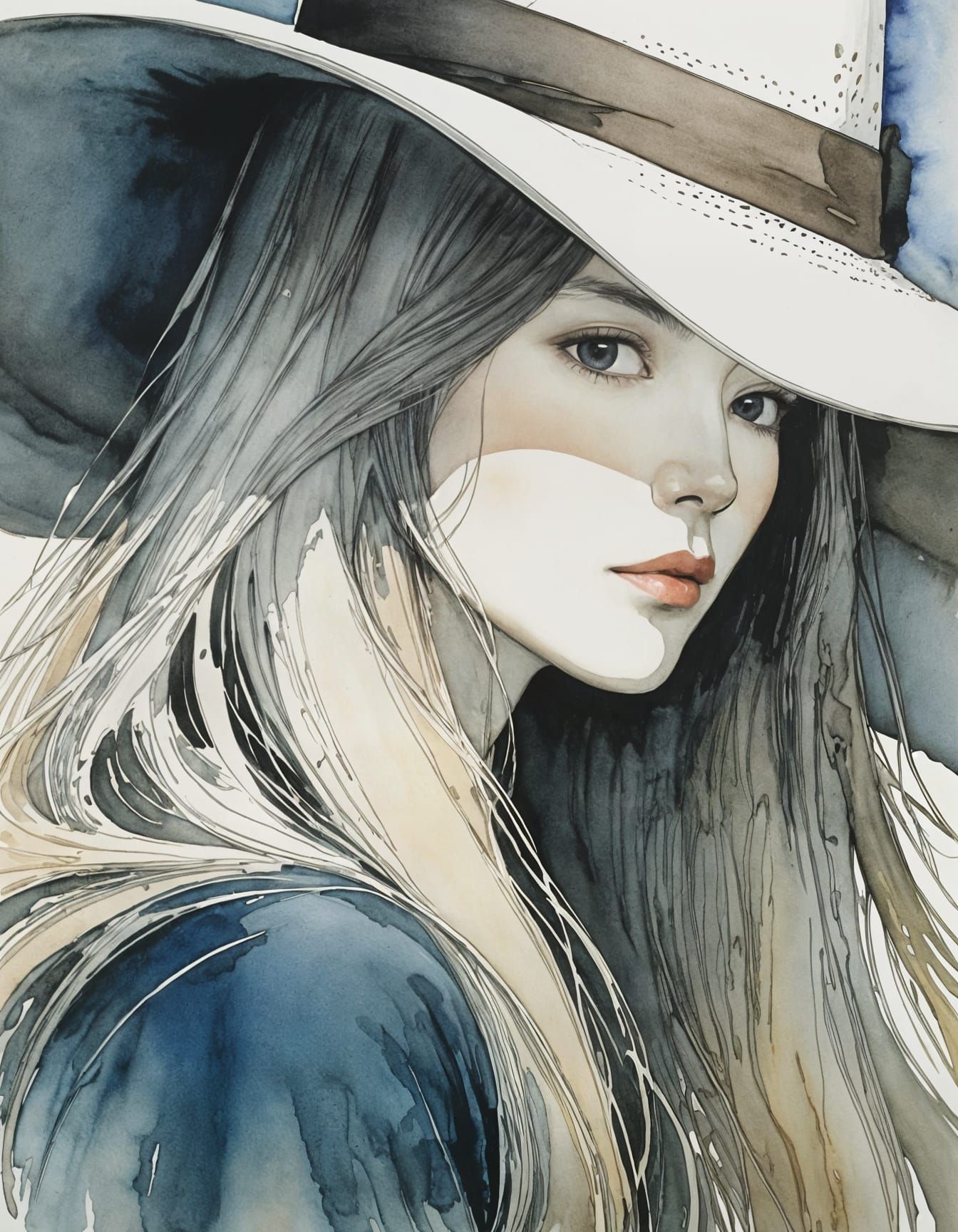 Watercolor Woman with Hat and Luxurious Hair
