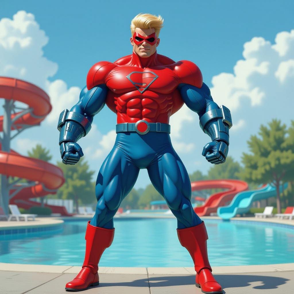 Muscular Hero in Red Suit with Mechanical Arms and Mask