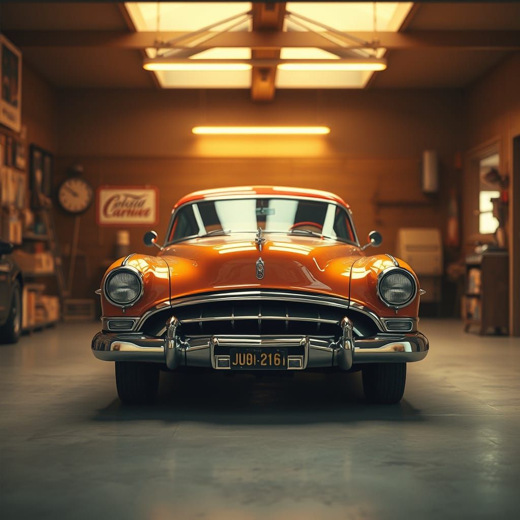 Vintage Automobile in Warm Garage Setting