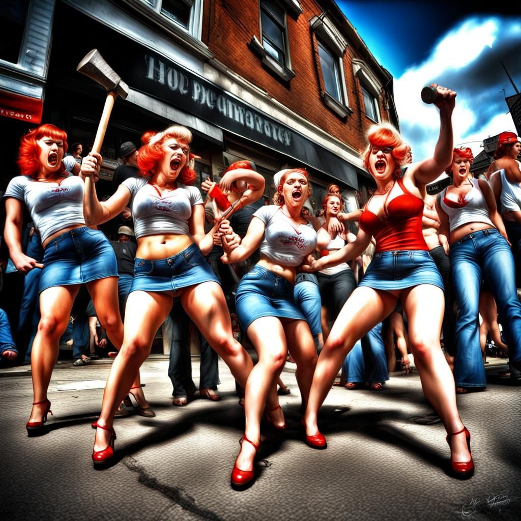 Hyperrealistic Pin-Up Girls Hammering for Change