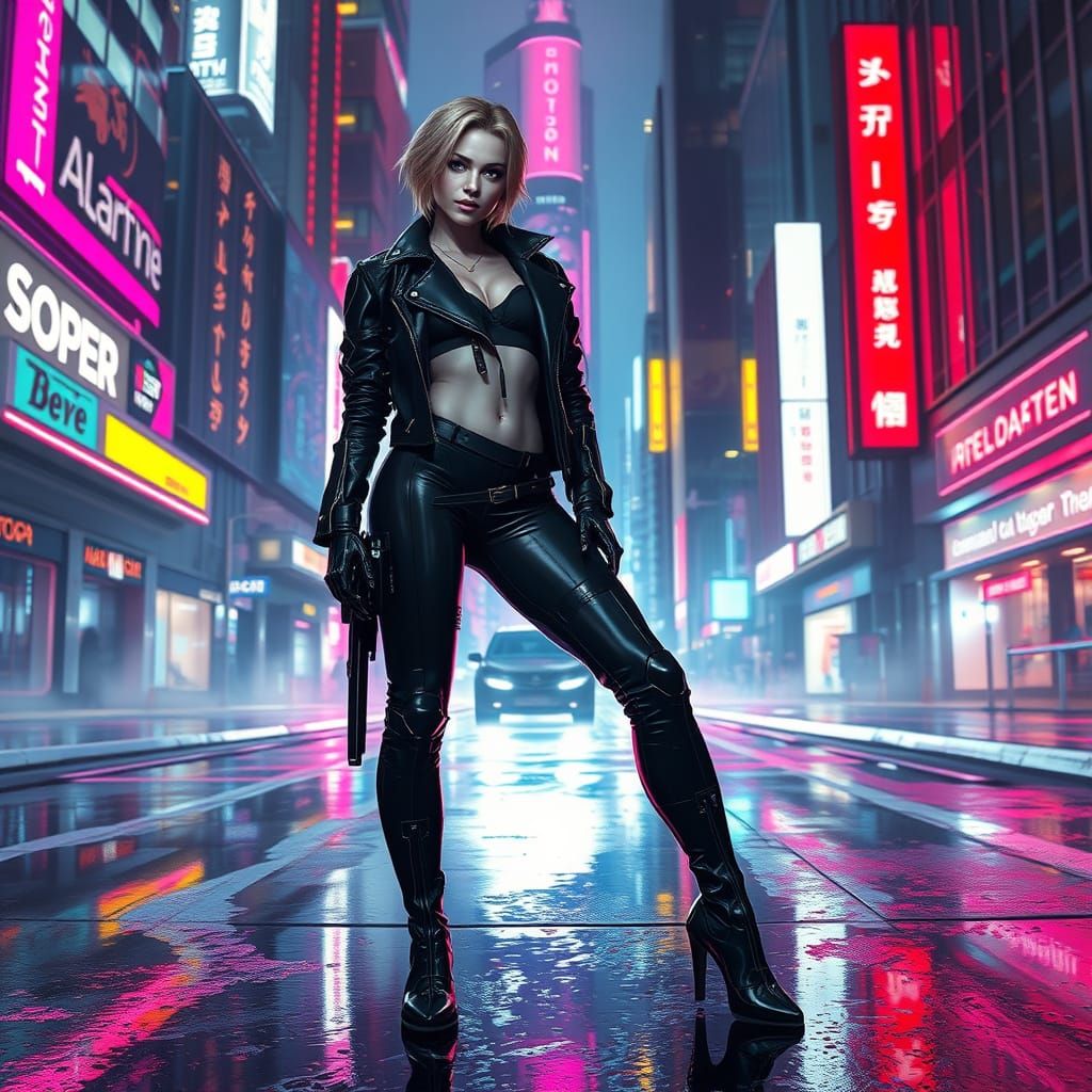 Cyborg Woman in Neon Cityscape: Futuristic Concept Art