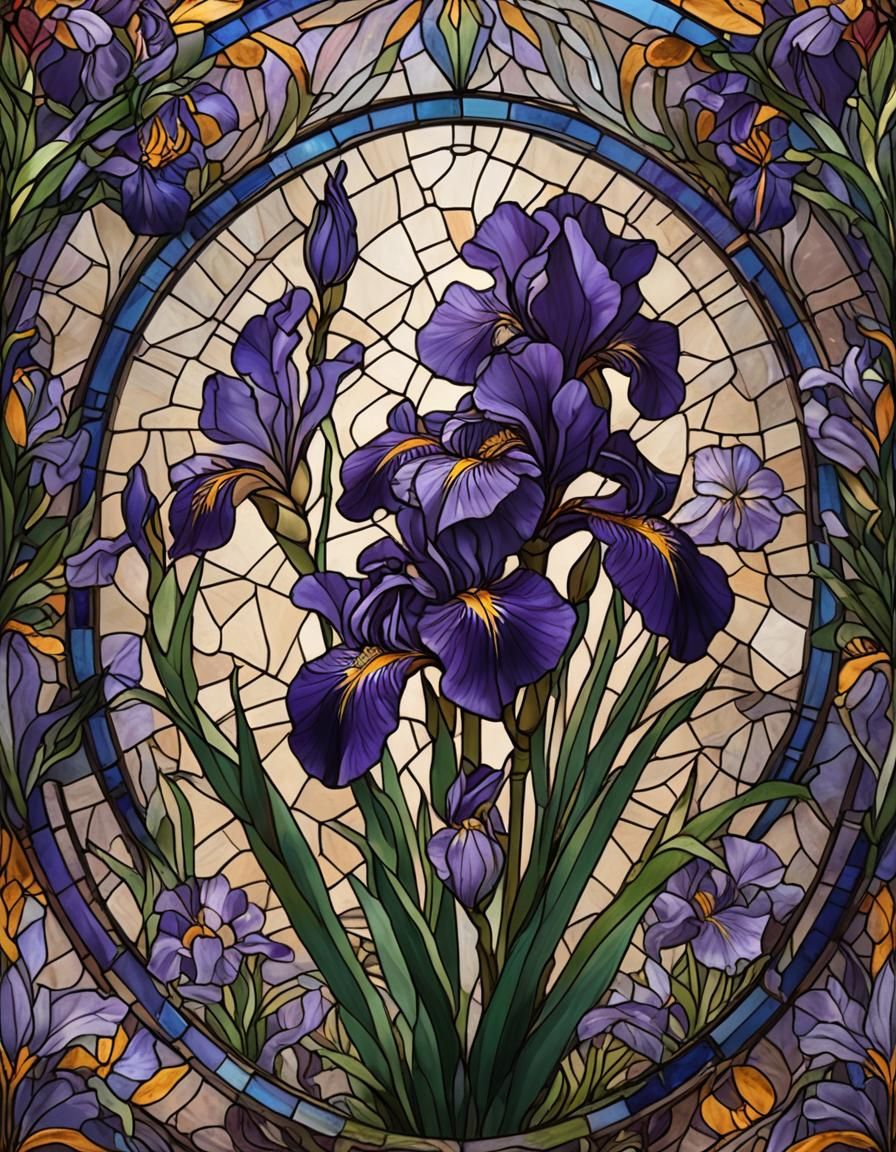 Purple Iris Stained Glass Roundel: Fantasy Art