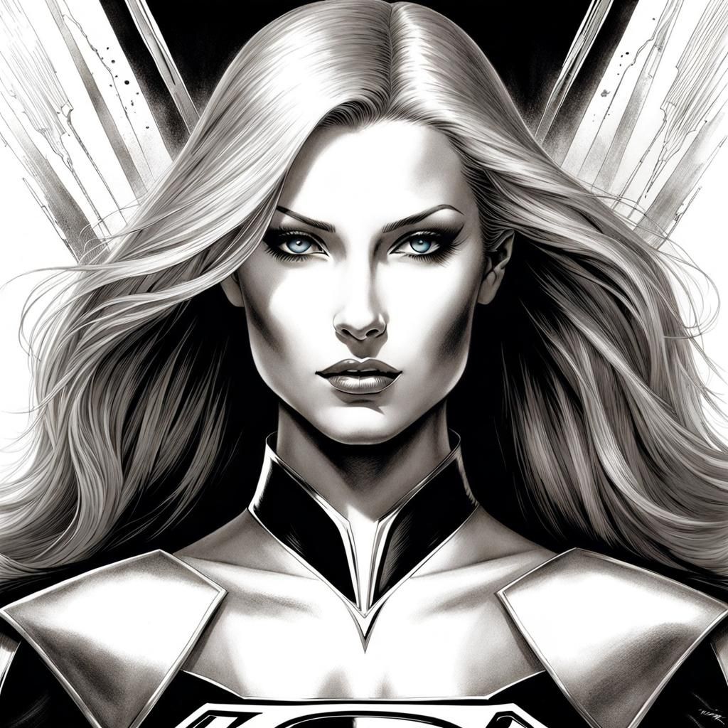 Vintage Monochrome Portrait of Supergirl in Splash Art Style