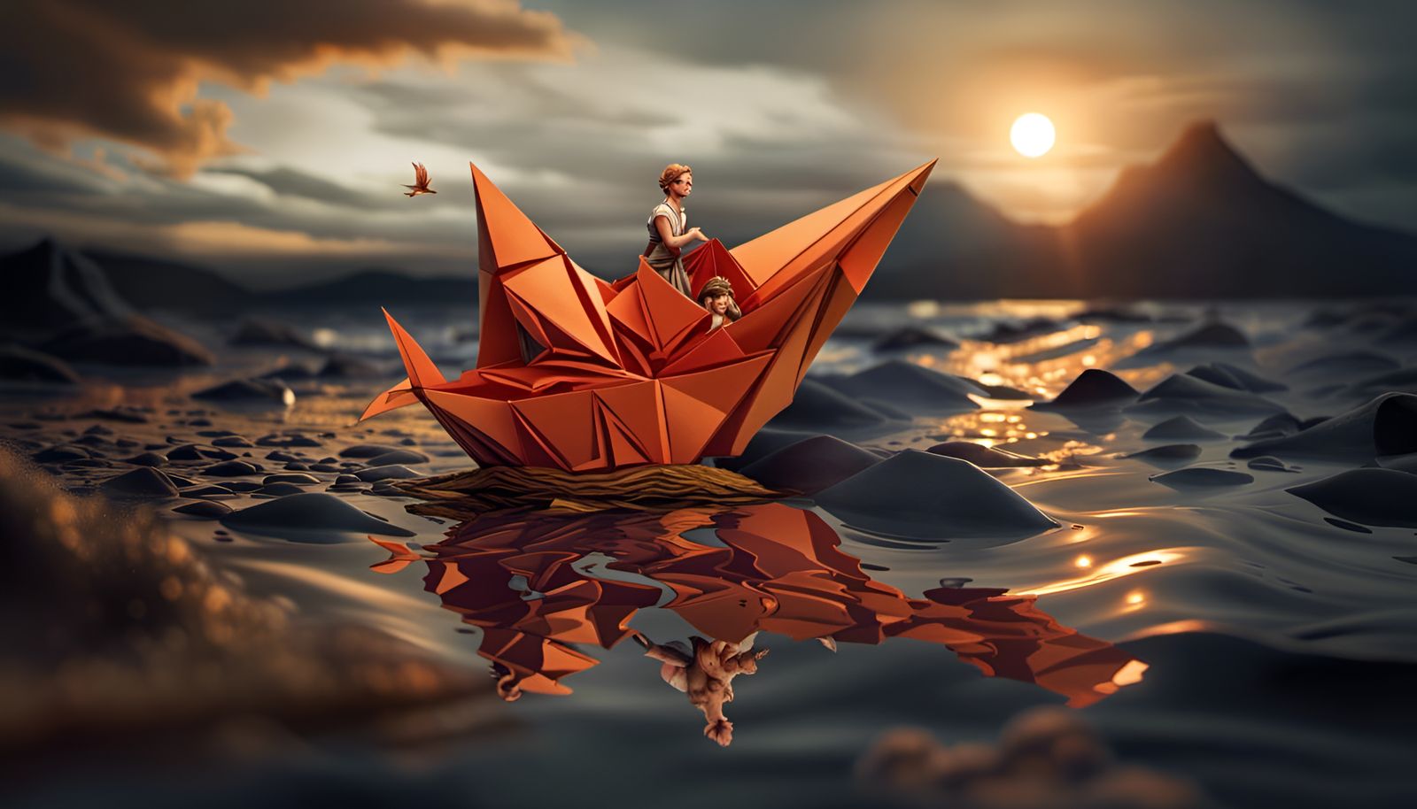 Ecological Biopunk Origami Ship on World Map