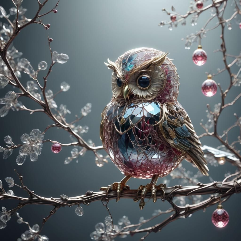Hyper realistic cute adorable fluffy fractal faberge wireframe owl, on a branch, holographic ruby glass-like, surrealist...