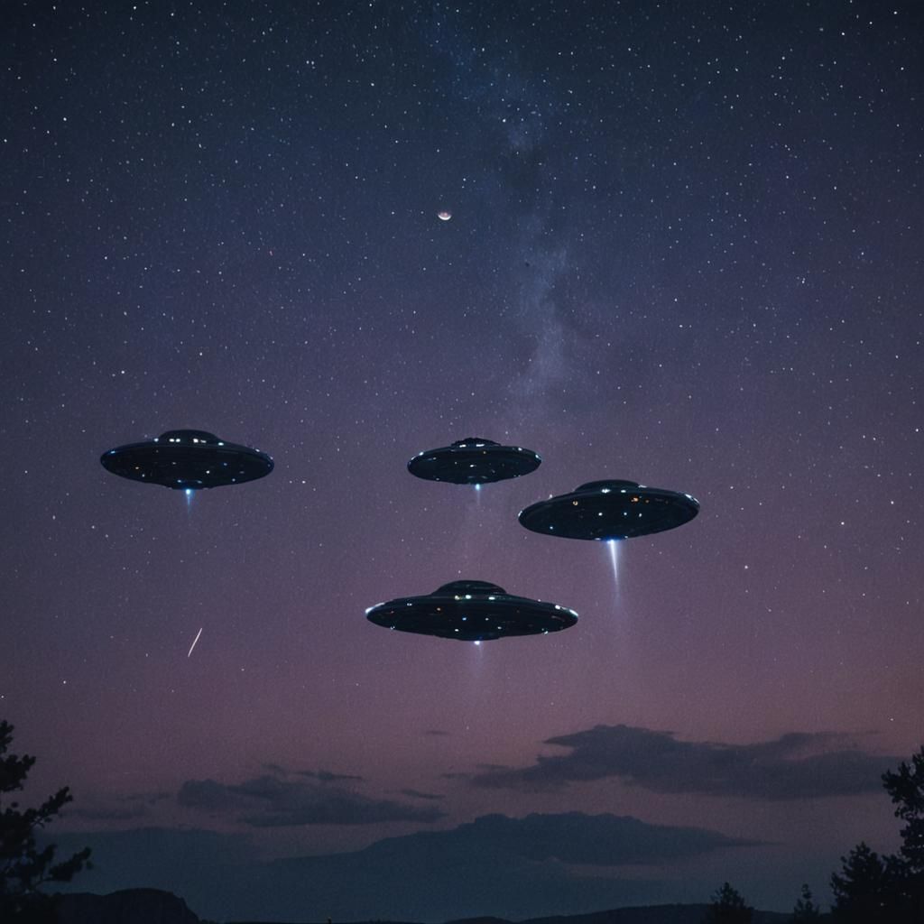 Two UFOs in Starry Night Sky: Cinematic Film Still